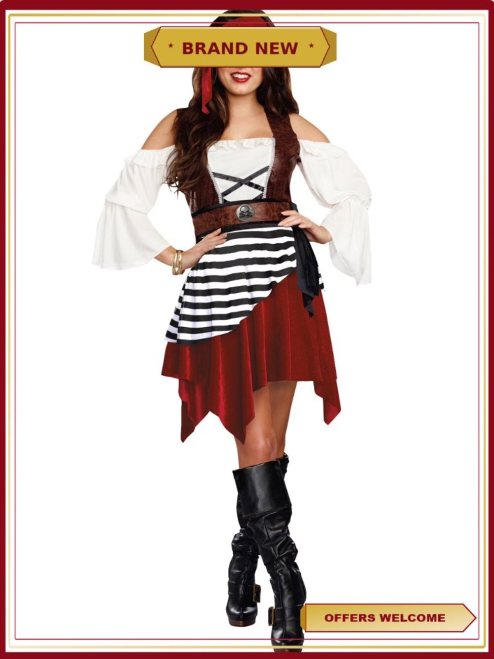 Pirate Halloween Costume for Women, Cold Shoulder Dress with Faux Leather Vest